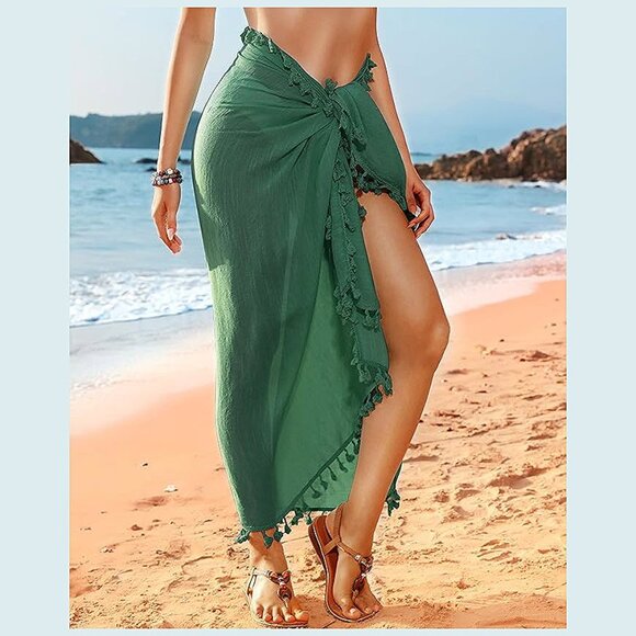 Beach Sarong Pareo Womens Semi-Sheer Swimwear 20-atrovirens-long - Picture 3 of 6